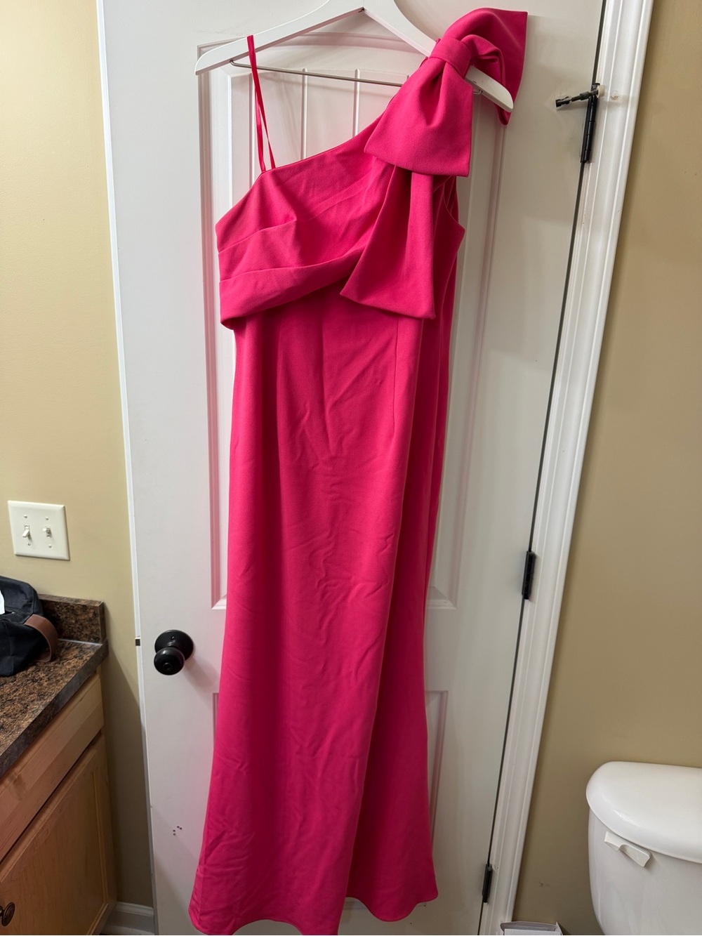 Adrianna Papell Hot Pink One-Shoulder Gown with Statement Bow